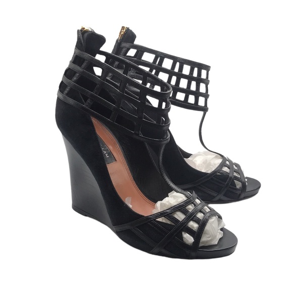 DEREK LAM 'BERYL' Cage T-STRAP BLACK Suede Leather PEEP-TOE WEDGES! Size 7! - Picture 7 of 7
